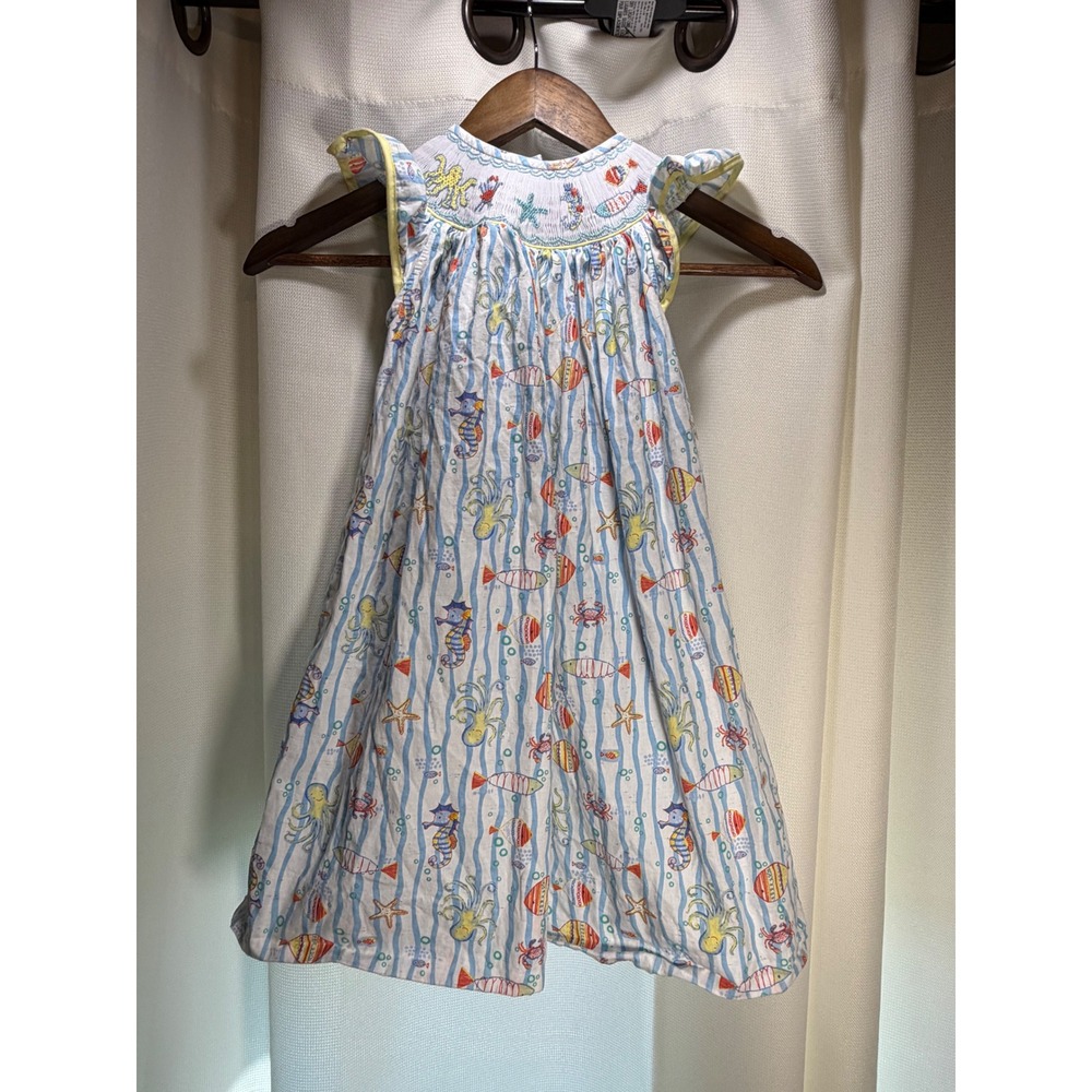 Le Za Me Girls 4T Smocked Nautical Sea Life Fish Stripe Flutter Sleeve Dress